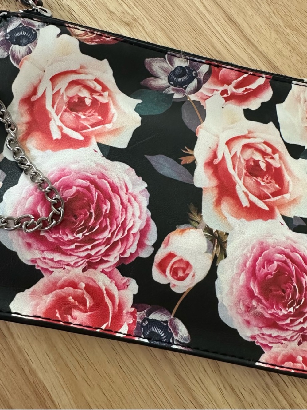 Floral Chain-Handle Women's Crossbody Bag - Pink Floral on Black